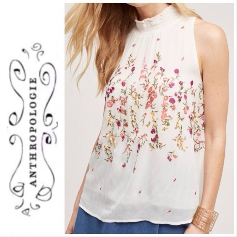 Anthropologie Floreat Floral Embroidered Smocked Mock Neck sz XS NWT